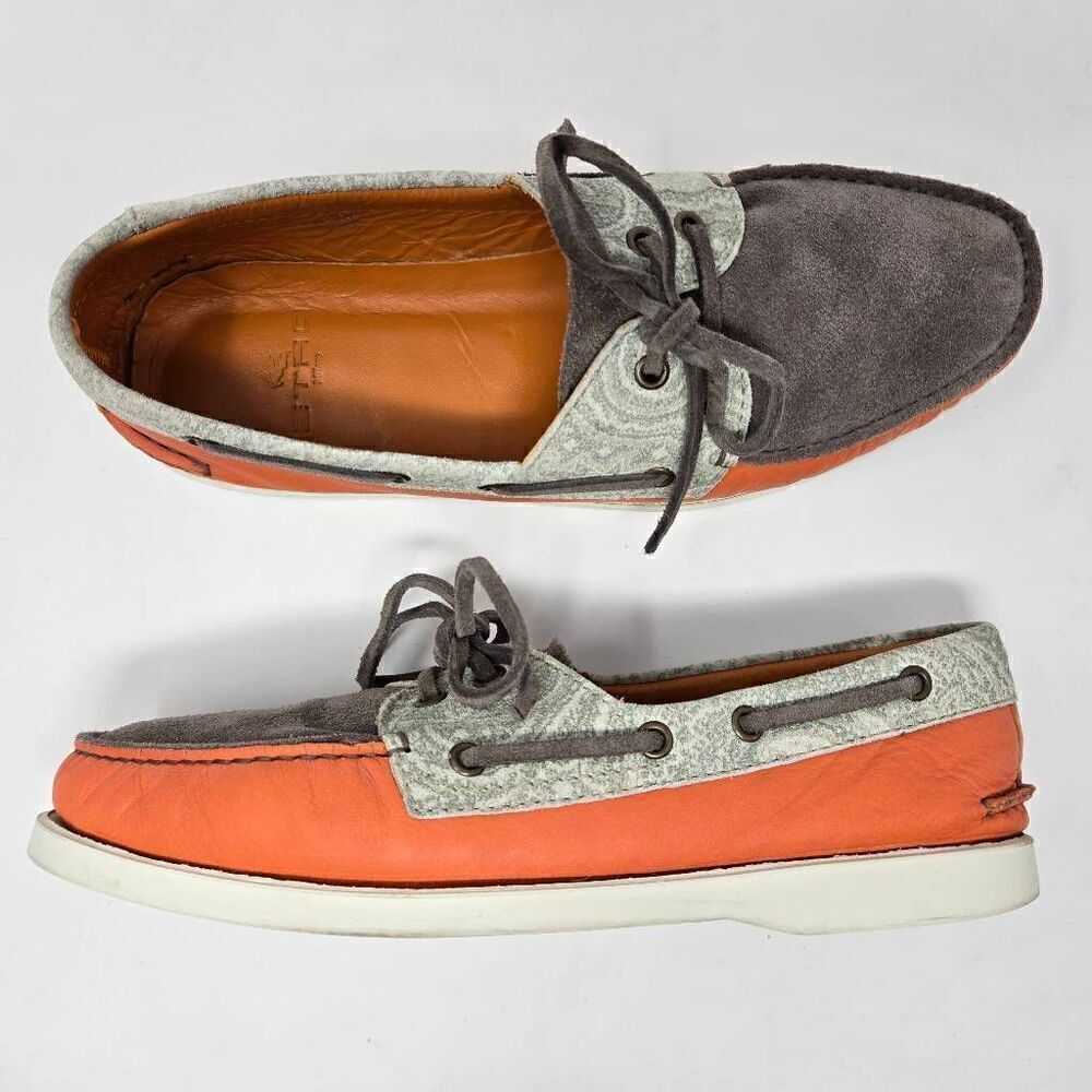 ETRO MILANO ORANGE BROWN LEATHER PAISLEY BOAT SHOES MENS SIZE 41 US 8